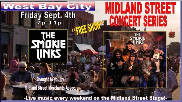 West Bay City Midland Street Concert Series poster featuring The Smokie Links, Friday September 4 from 7 to 11 PM